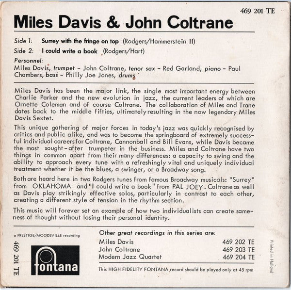 Miles Davis  & John Coltrane : Surrey With The Fringe On Top / If I Could Write A Book  (7",45 RPM,Mono)
