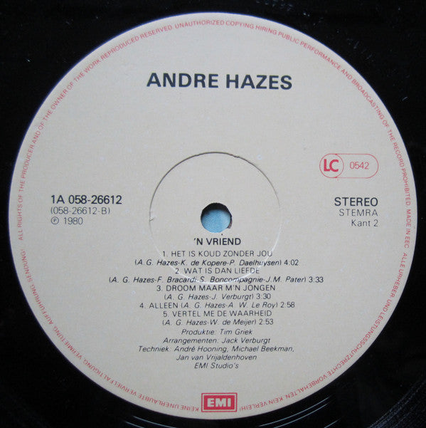 André Hazes : 'n Vriend (LP, Album)