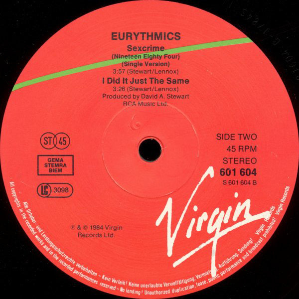 Eurythmics : Sexcrime (Nineteen Eighty · Four) (12",45 RPM,Single,Stereo)