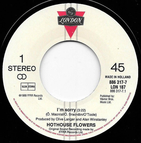 Hothouse Flowers : I'm Sorry (7",45 RPM,Single)
