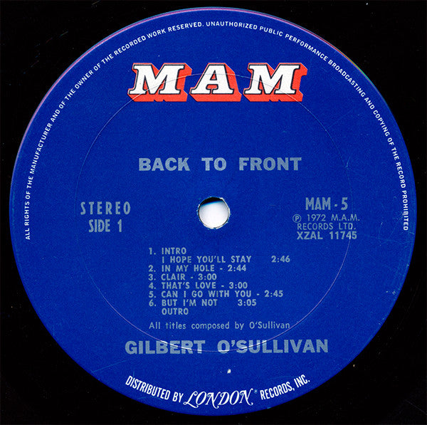 Gilbert O'Sullivan : Back To Front (LP,Album)