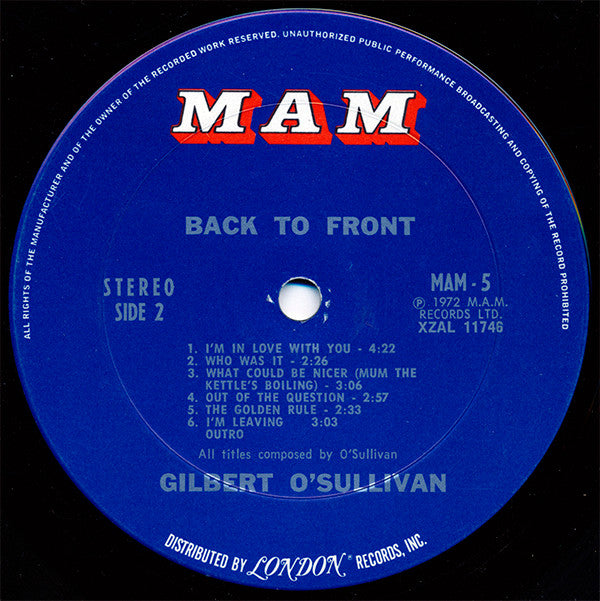 Gilbert O'Sullivan : Back To Front (LP,Album)