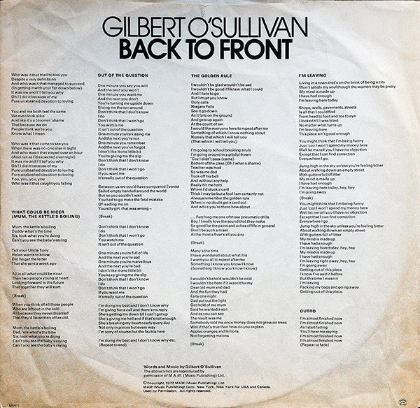Gilbert O'Sullivan : Back To Front (LP,Album)