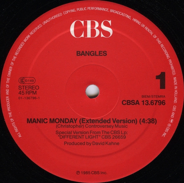 Bangles : Manic Monday (Extended Version) (12",45 RPM,Maxi-Single,Stereo)