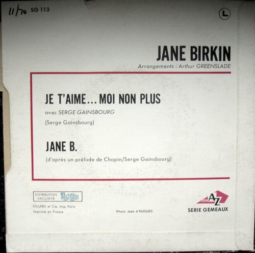Jane Birkin Avec Serge Gainsbourg : Je T'aime... Moi Non Plus (7",45 RPM,Single)