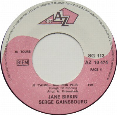 Jane Birkin Avec Serge Gainsbourg : Je T'aime... Moi Non Plus (7",45 RPM,Single)