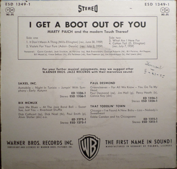 Marty Paich : I Get A Boot Out Of You (7",45 RPM,EP,Stereo)