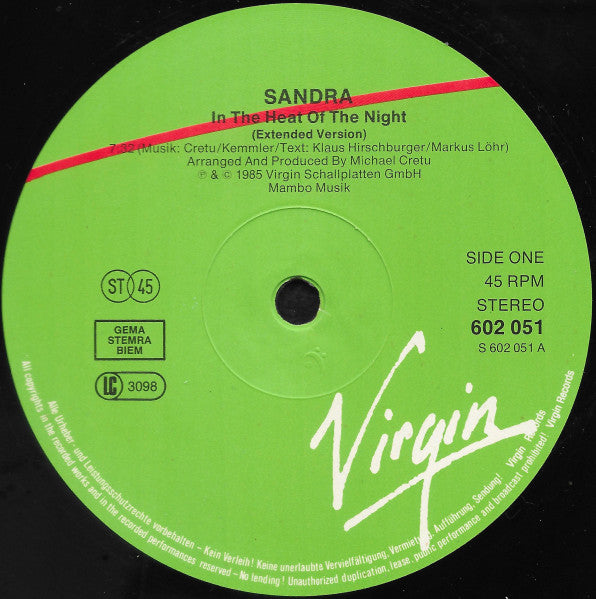 Sandra : In The Heat Of The Night (12",45 RPM,Maxi-Single,Stereo)
