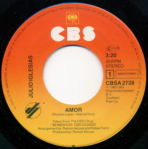 Julio Iglesias : Amor (7",45 RPM,Single,Stereo)
