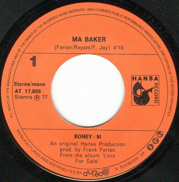 Boney M. : Ma Baker (7",45 RPM,Single,Stereo)