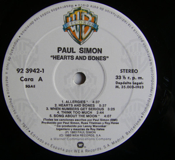 Paul Simon : Hearts And Bones (LP,Album,Stereo)