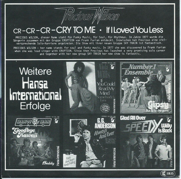 Precious Wilson : Cr-Cr-Cr-Cry To Me (7",45 RPM,Single)