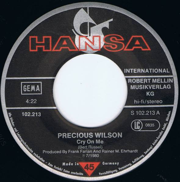 Precious Wilson : Cr-Cr-Cr-Cry To Me (7",45 RPM,Single)