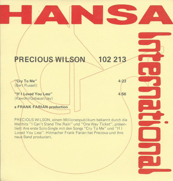 Precious Wilson : Cr-Cr-Cr-Cry To Me (7",45 RPM,Single)