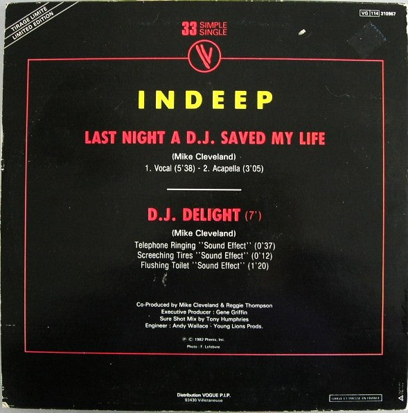 Indeep : Last Night A D.J. Saved My Life (Original Version) (12",Single,Limited Edition,33 ⅓ RPM)
