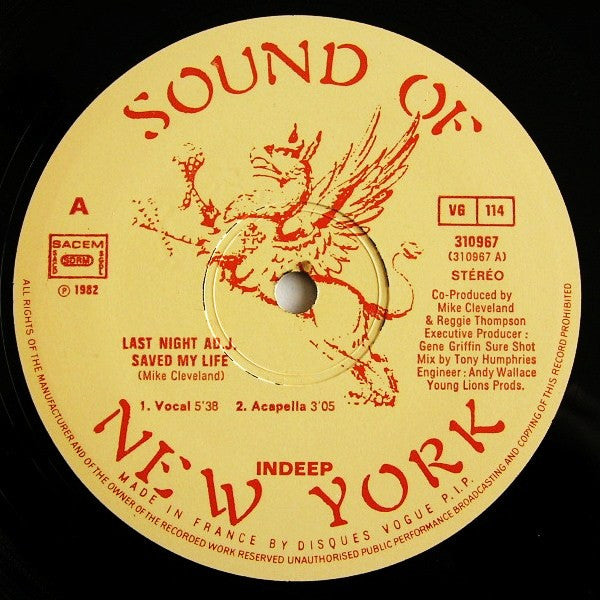 Indeep : Last Night A D.J. Saved My Life (Original Version) (12",Single,Limited Edition,33 ⅓ RPM)
