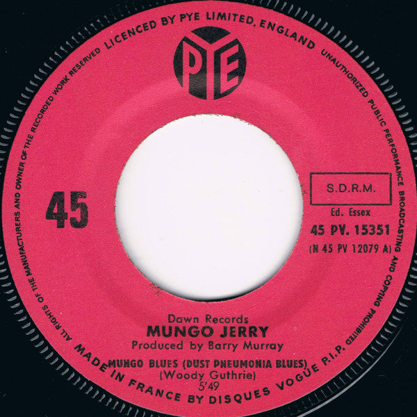Mungo Jerry : Mungo Blues (Dust Pneumonia Blues) (7",45 RPM,Single,Stereo,Mono)