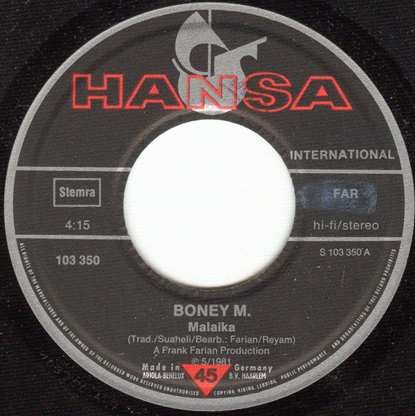 Boney M. : Malaika / Consuela Biaz (7",45 RPM,Single)