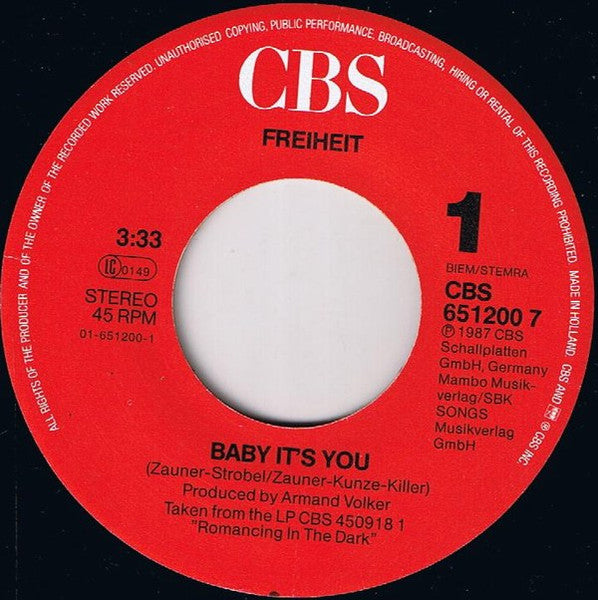 Münchener Freiheit : Baby It's You (7",45 RPM,Single,Stereo)