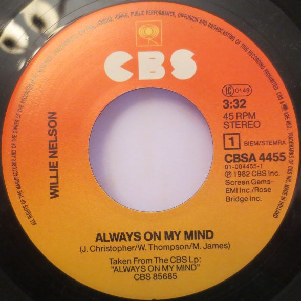 Willie Nelson : Always On My Mind (7",45 RPM)
