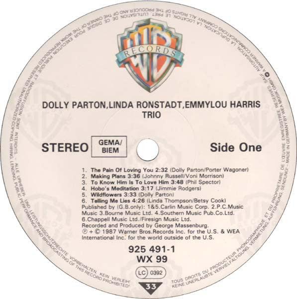 Dolly Parton, Linda Ronstadt, Emmylou Harris : Trio (LP,Album,Stereo)
