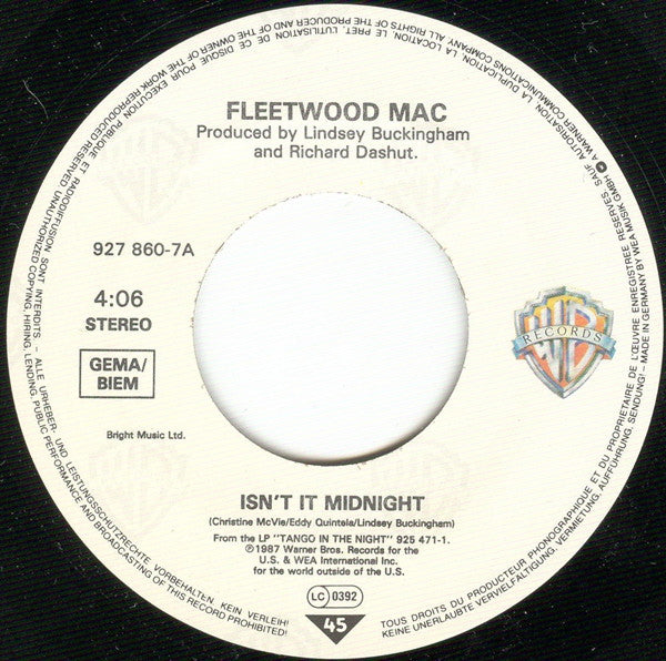 Fleetwood Mac : Isn't It Midnight (7",45 RPM,Single,Stereo)