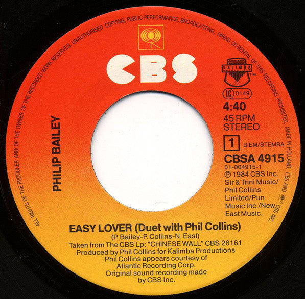 Philip Bailey Duet With Phil Collins : Easy Lover (7",45 RPM,Single,Stereo)