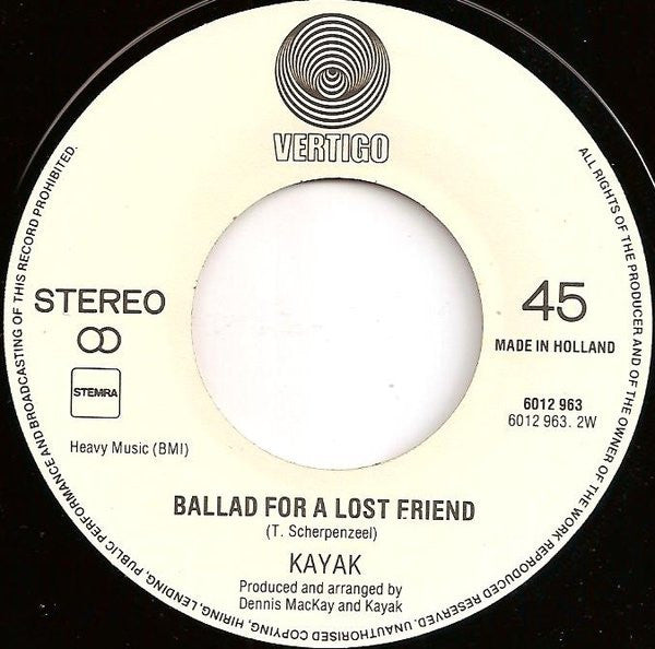 Kayak : Phantom Of The Night / Ballad For A Lost Friend (7",45 RPM,Single,Stereo)