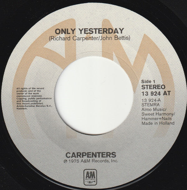 Carpenters : Only Yesterday (7",Single,45 RPM)