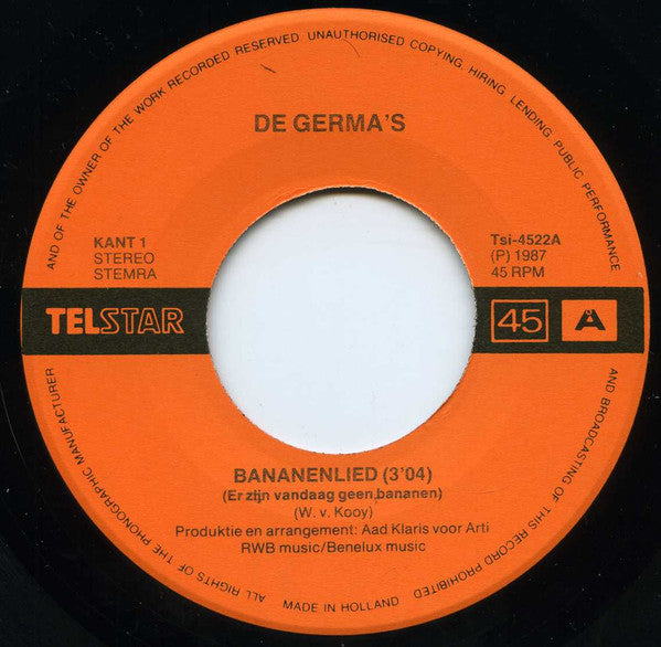 De Germa's : Bananenlied (Er Zijn Vandaag Geen Bananen) (7",45 RPM,Single,Stereo)