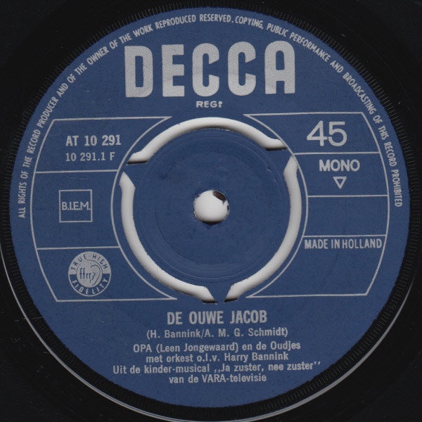 Hetty Blok En Leen Jongewaard : De Ouwe Jacob / Met U Onder Een Paraplu (7",Single,45 RPM,Mono)