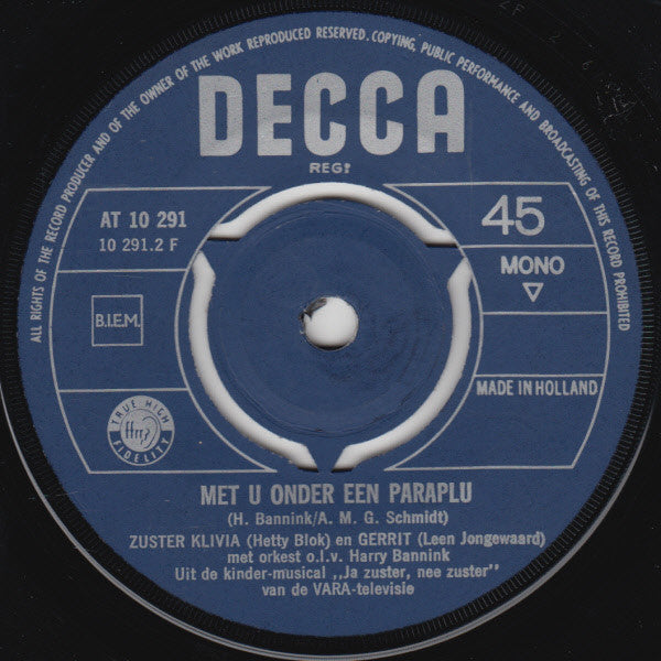 Hetty Blok En Leen Jongewaard : De Ouwe Jacob / Met U Onder Een Paraplu (7",Single,45 RPM,Mono)