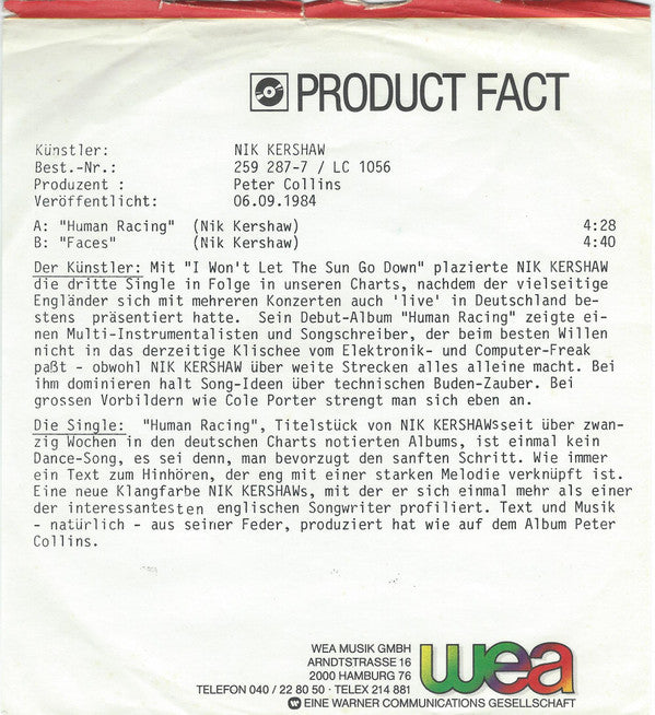 Nik Kershaw : Human Racing (7",45 RPM,Single)