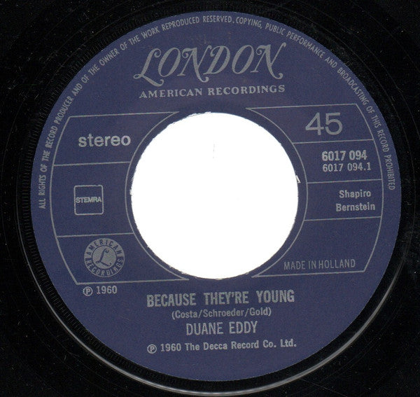 Duane Eddy : Because They're Young (7",45 RPM,Single,Reissue,Stereo)