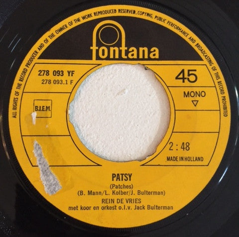 Rein De Vries (2) : Patsy / Teenage - Meisje (7",45 RPM,Single,Mono)