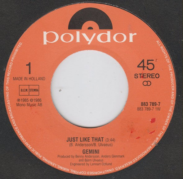 Gemini (5) : Just Like That (7",45 RPM,Single,Stereo)