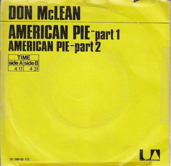 Don McLean : American Pie - Part 1 / American Pie - Part 2 (7",Single,45 RPM)