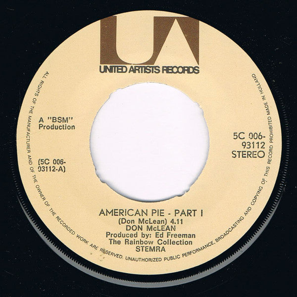 Don McLean : American Pie - Part 1 / American Pie - Part 2 (7",Single,45 RPM)