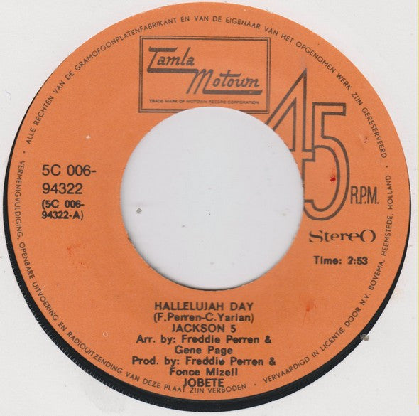Jackson 5, The : Hallelujah Day (7",Single,45 RPM)