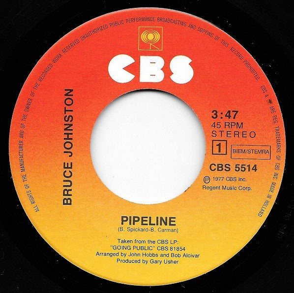 Bruce Johnston : Pipeline (7",45 RPM,Single,Stereo)