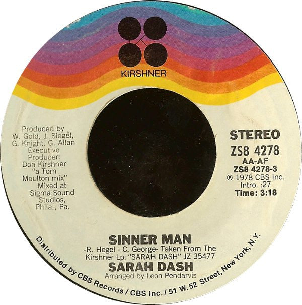 Sarah Dash : Sinner Man / Look But Don't Touch (7",45 RPM,Styrene,Stereo)