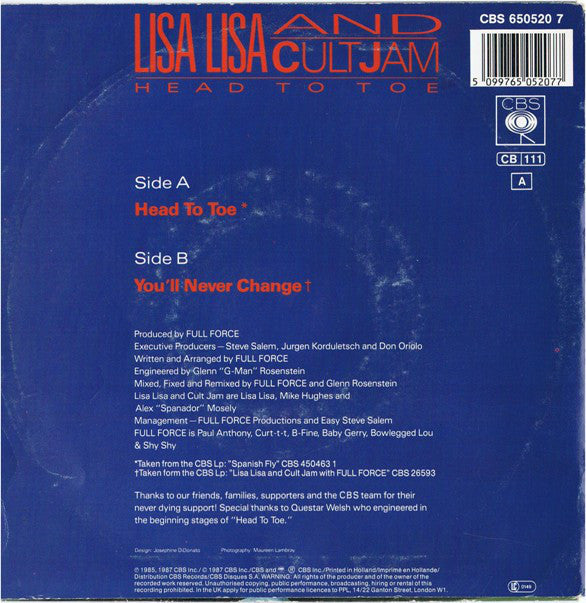 Lisa Lisa & Cult Jam : Head To Toe (7",Single,45 RPM)