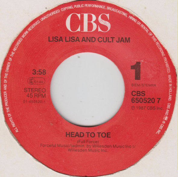 Lisa Lisa & Cult Jam : Head To Toe (7",Single,45 RPM)