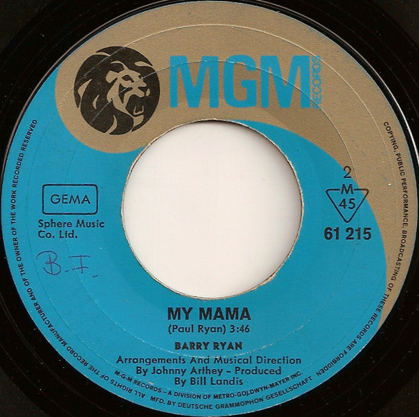 Barry Ryan : The Colour Of My Love / My Mama (7",Single,45 RPM)