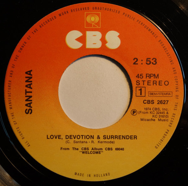Santana : Love, Devotion & Surrender / Song Of The Wind (7",45 RPM,Single,Stereo)