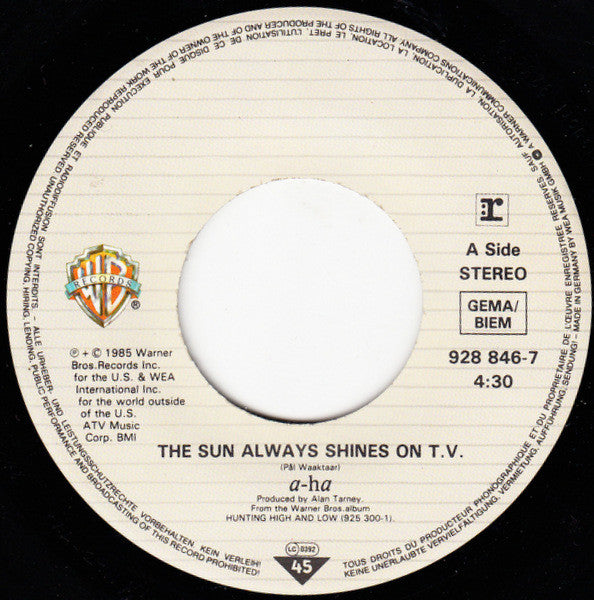 a-ha : The Sun Always Shines On T.V. (7",45 RPM,Single,Stereo)