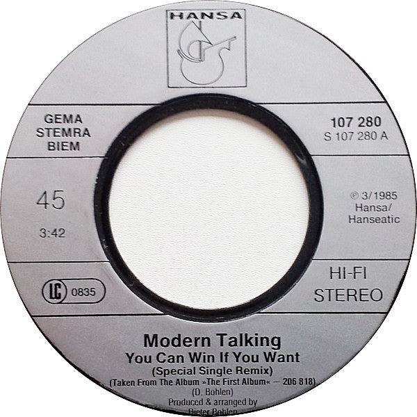 Modern Talking : You Can Win If You Want (Special Single Remix) (7",45 RPM,Single,Stereo)
