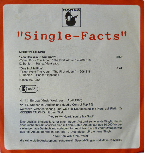 Modern Talking : You Can Win If You Want (Special Single Remix) (7",45 RPM,Single,Stereo)