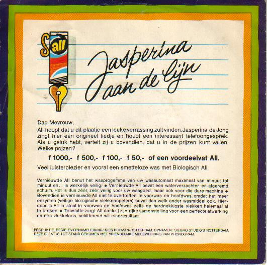 Jasperina De Jong : Jasperina Aan De Lijn (Zang En Conference Van Jasperina De Jong) (7",45 RPM,Single,Stereo,Mono)