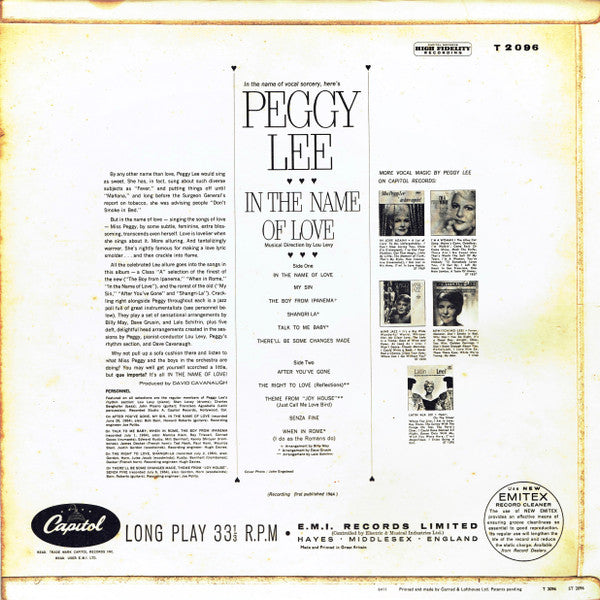 Peggy Lee : In The Name Of Love (LP,Album,Mono)